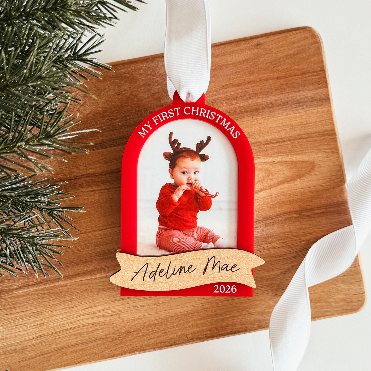 Arch With Wood Banner Photo Christmas Ornament