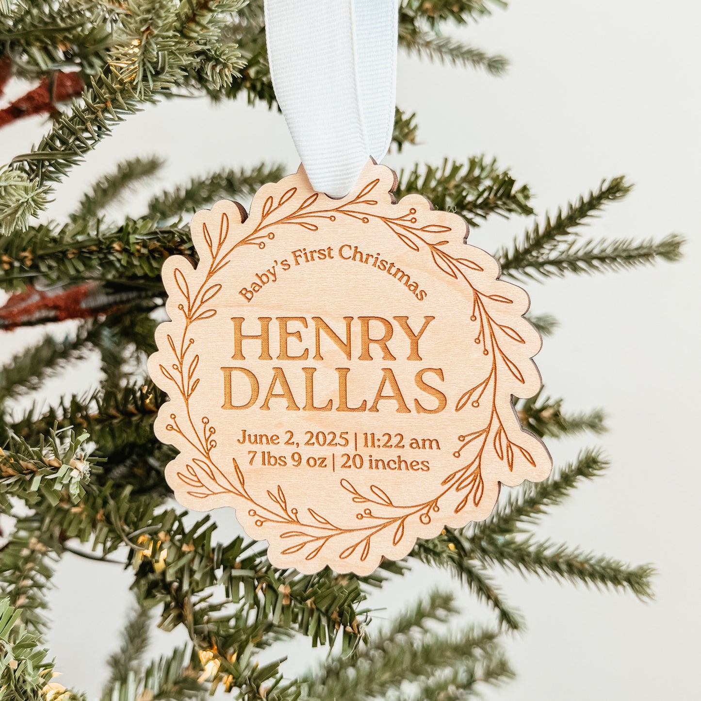 Wooden Birth Statistics Ornament With Wreath