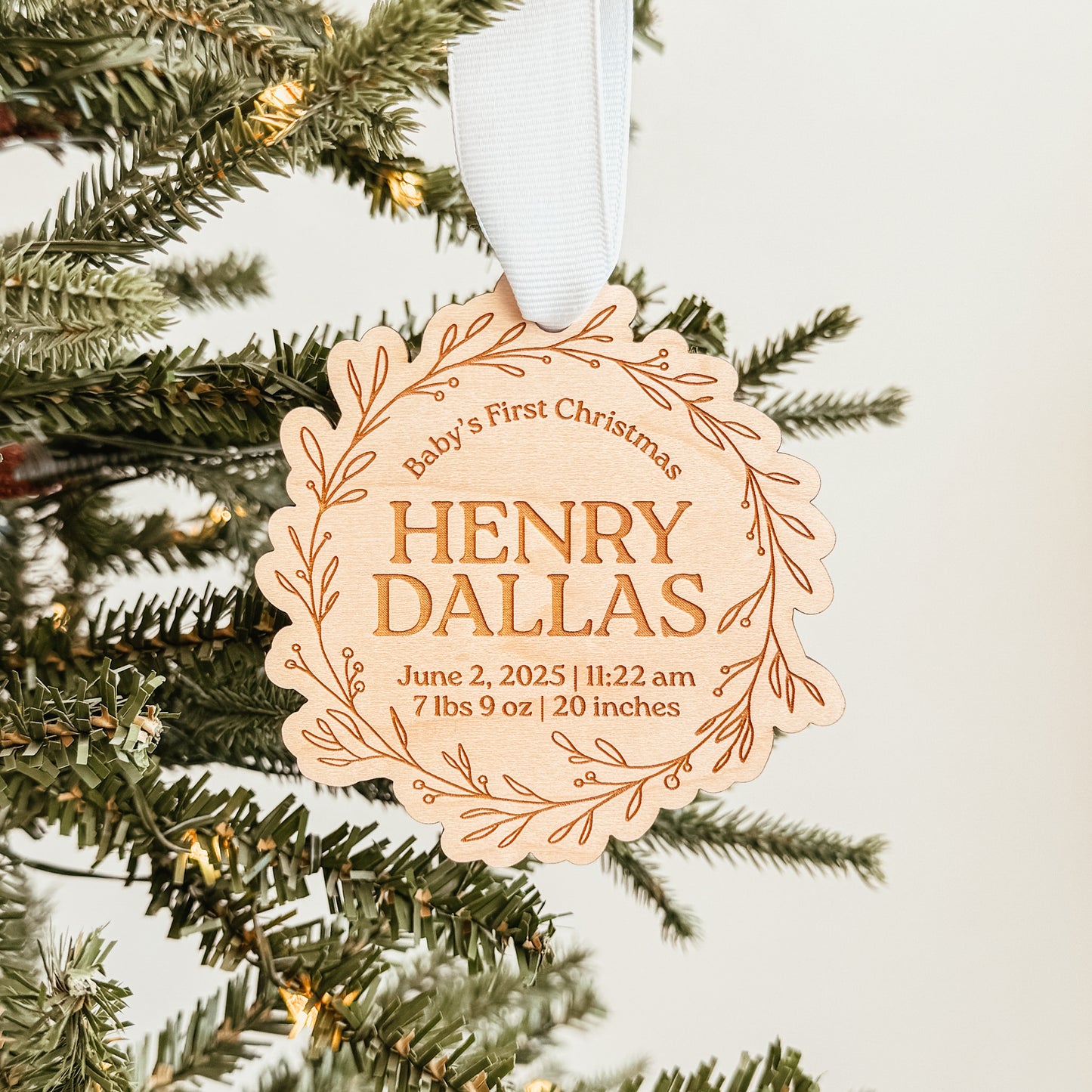 Wooden Birth Statistics Ornament With Wreath