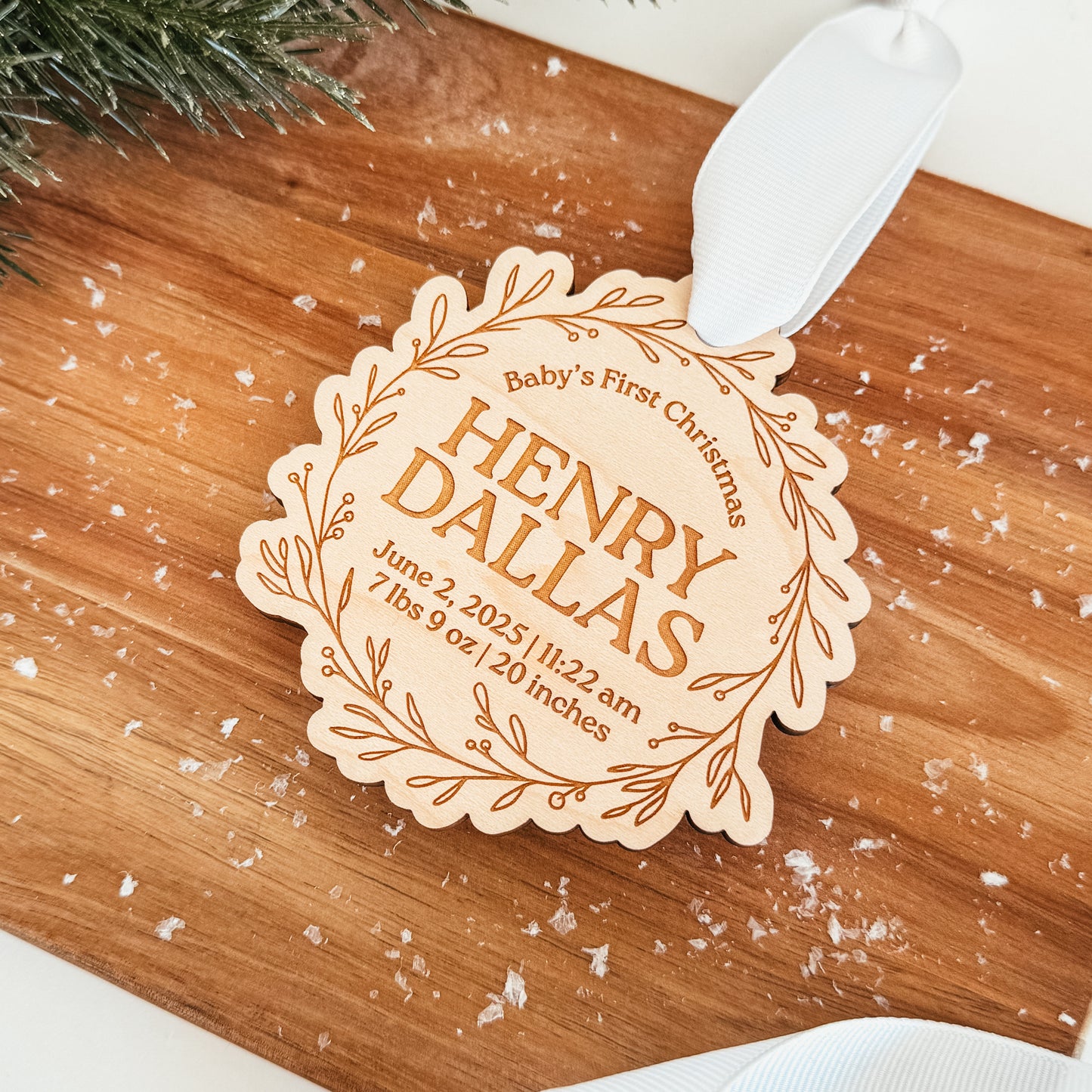 Wooden Birth Statistics Ornament With Wreath