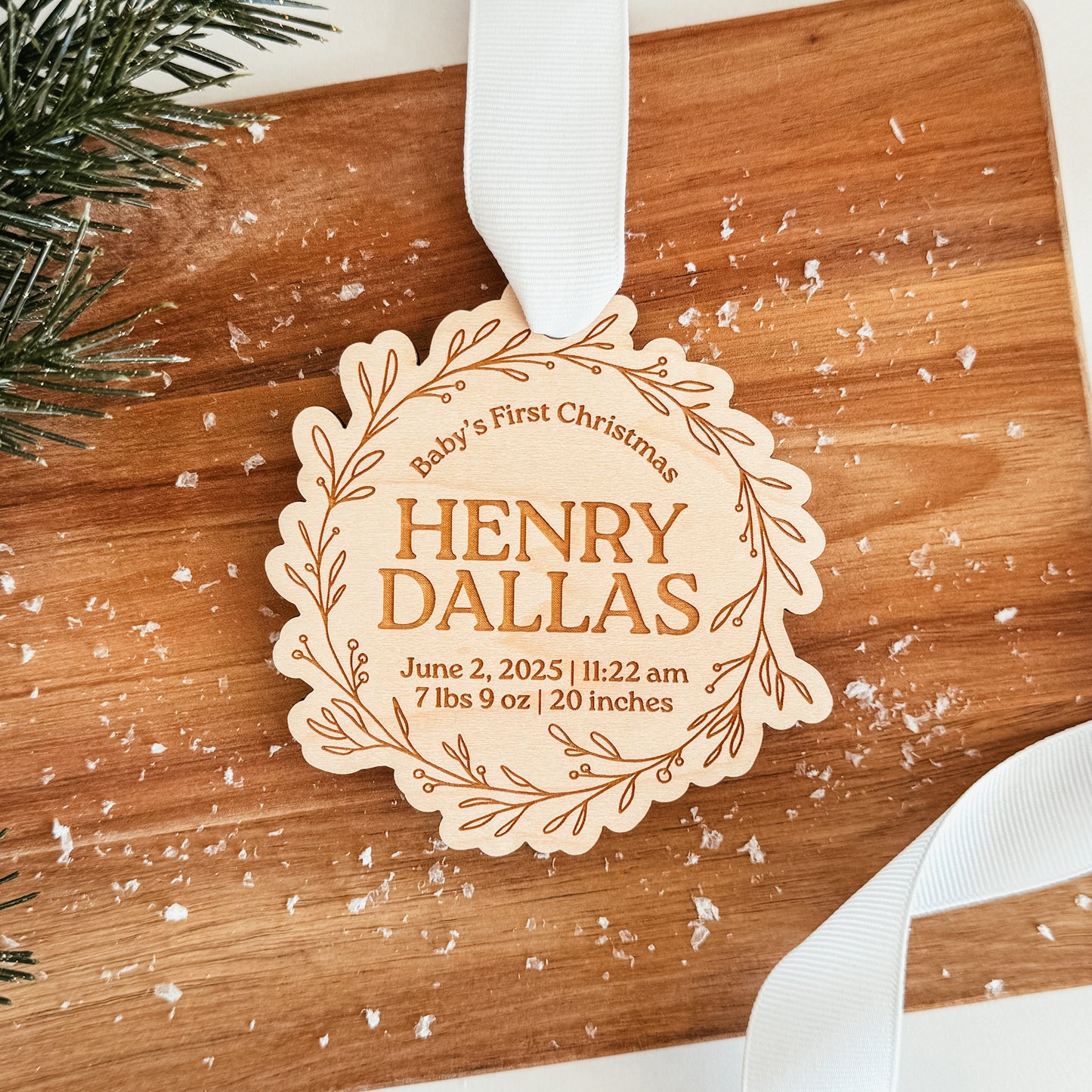 Wooden Birth Statistics Ornament With Wreath