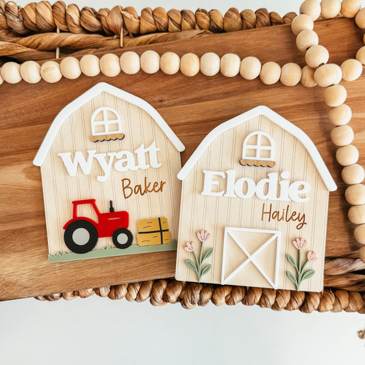 Barn and Flowers Baby Name Announcement Sign