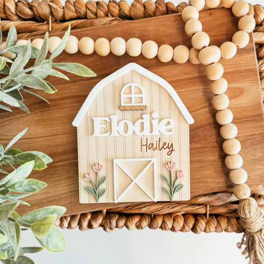 Barn and Flowers Baby Name Announcement Sign