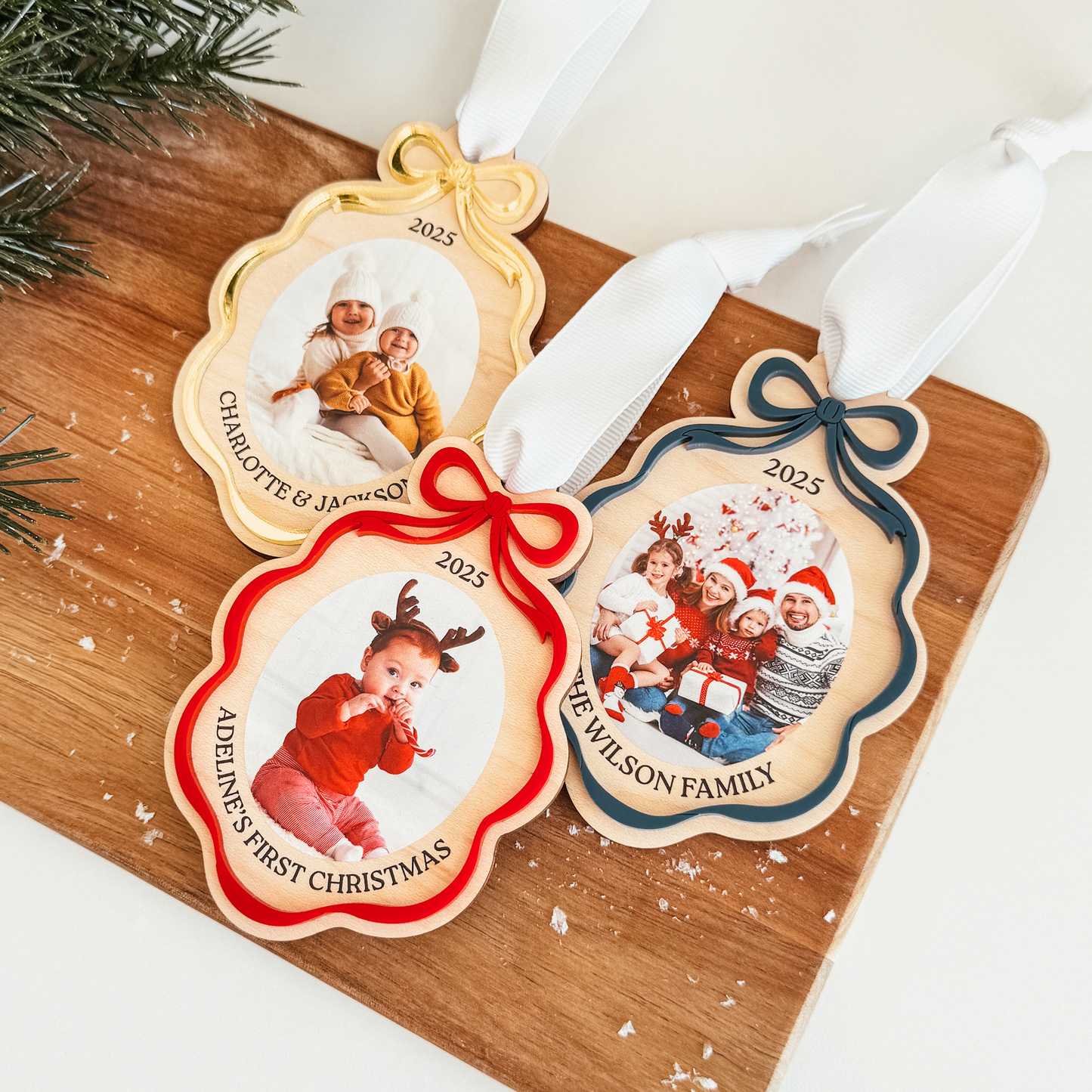 Wooden Bow Ribbon Frame Christmas Ornament