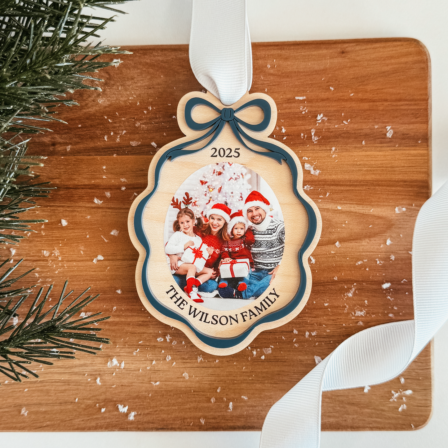 Wooden Bow Ribbon Frame Christmas Ornament