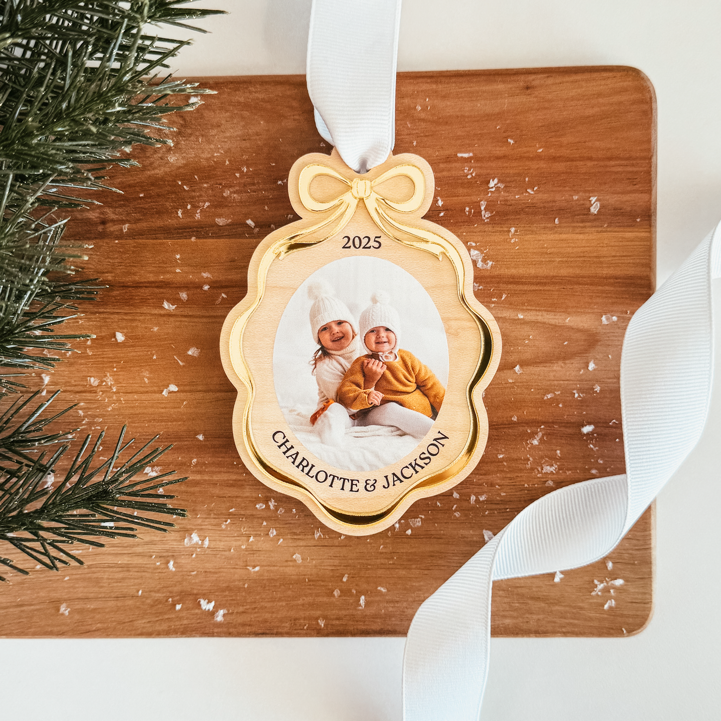 Wooden Bow Ribbon Frame Christmas Ornament