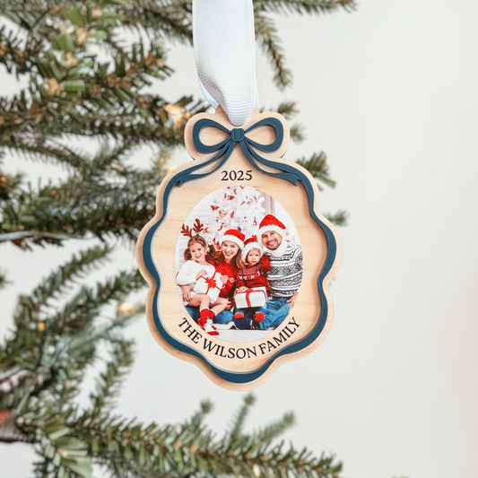 Wooden Bow Ribbon Frame Christmas Ornament