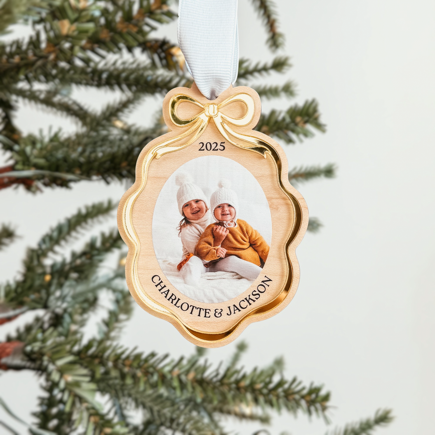 Wooden Bow Ribbon Frame Christmas Ornament