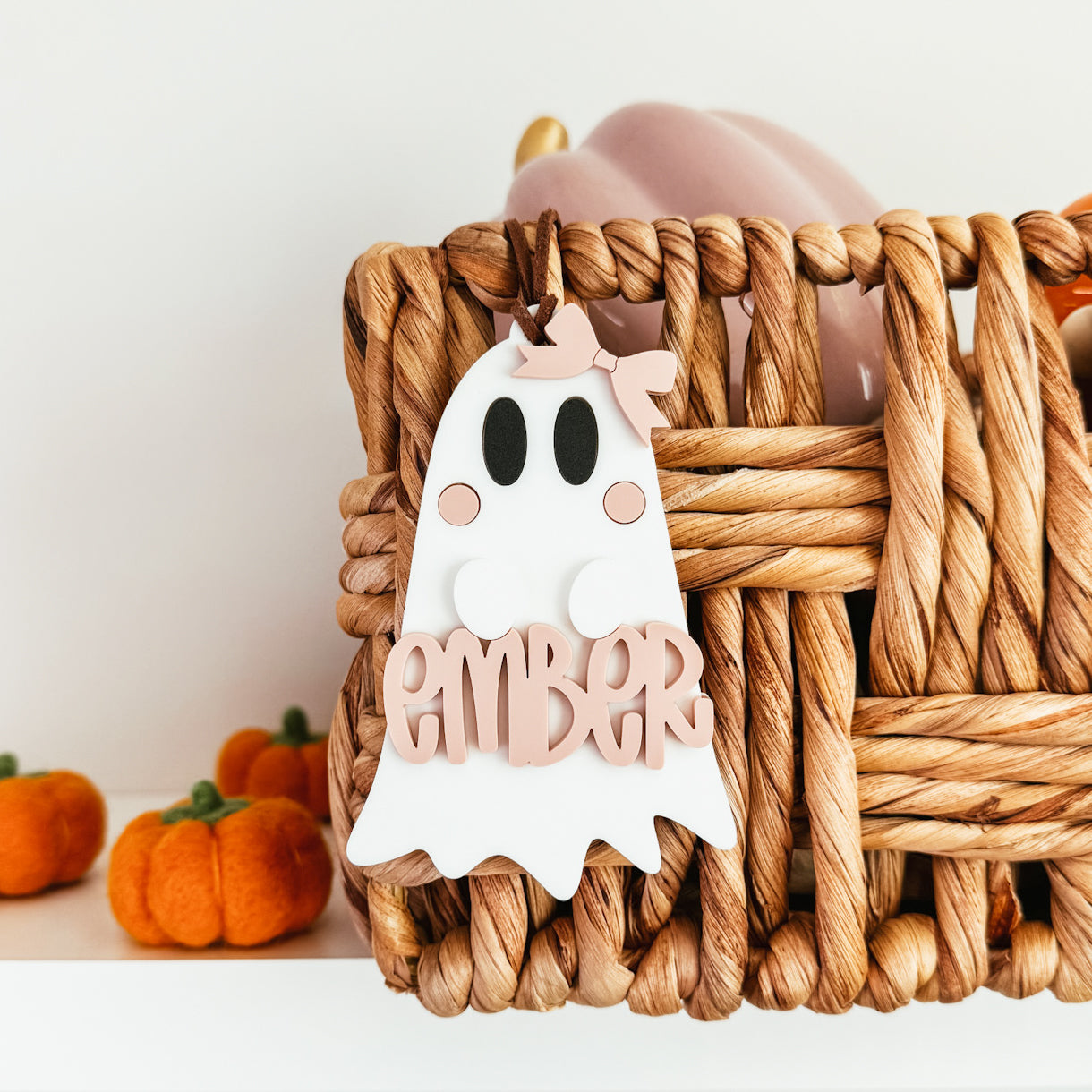 Ghost With Bow Boo Basket Tag