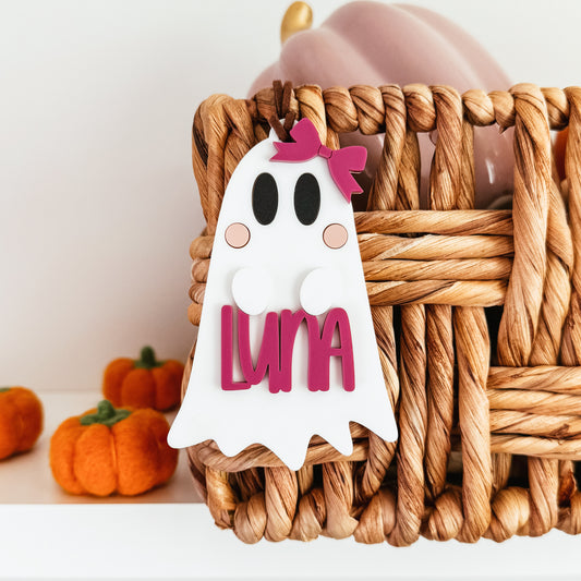 Ghost With Bow Boo Basket Tag