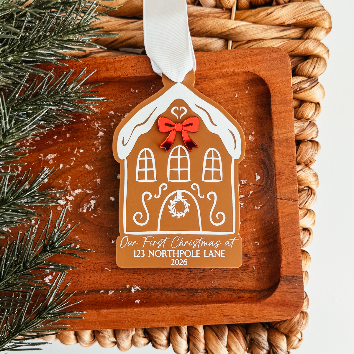 Frosted or Caramel House With Bow New Home Ornament