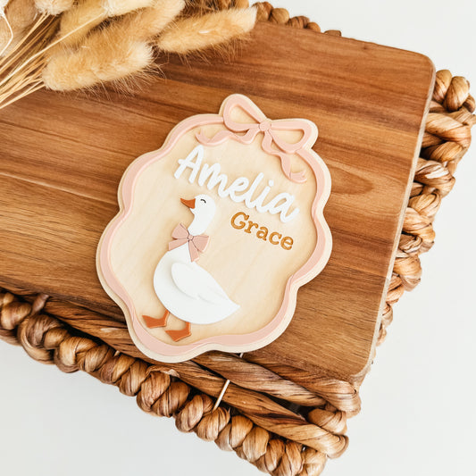 Goose Bow Frame Baby Name Announcement Sign