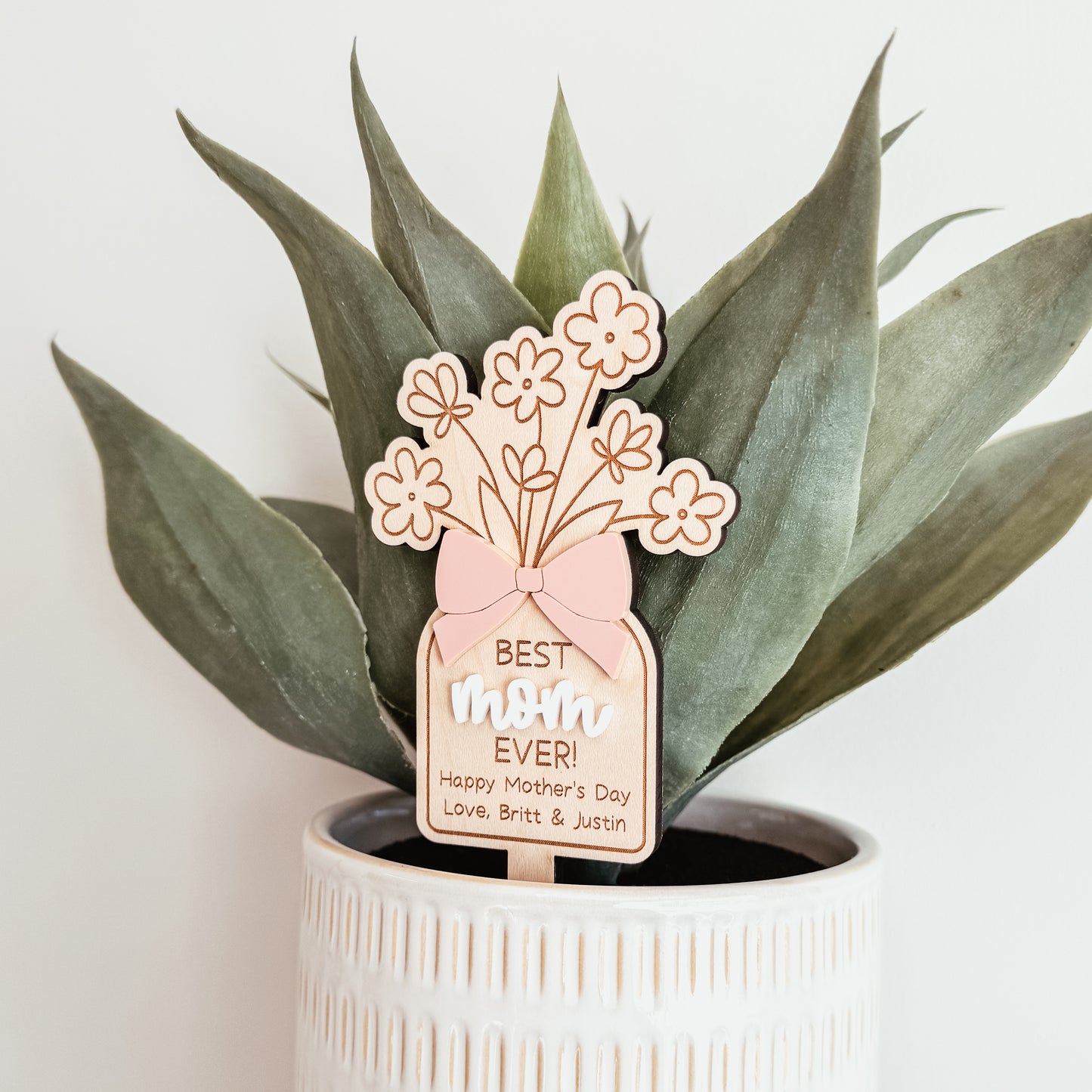 Custom Best Mom Ever Plant Stake With 3D Bow