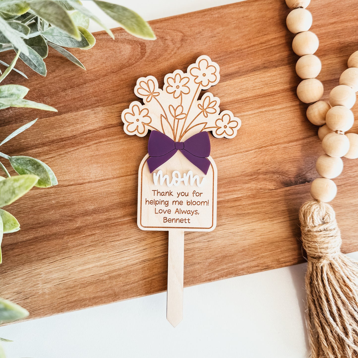 Custom Bloom Mom Plant Stake With 3D Bow