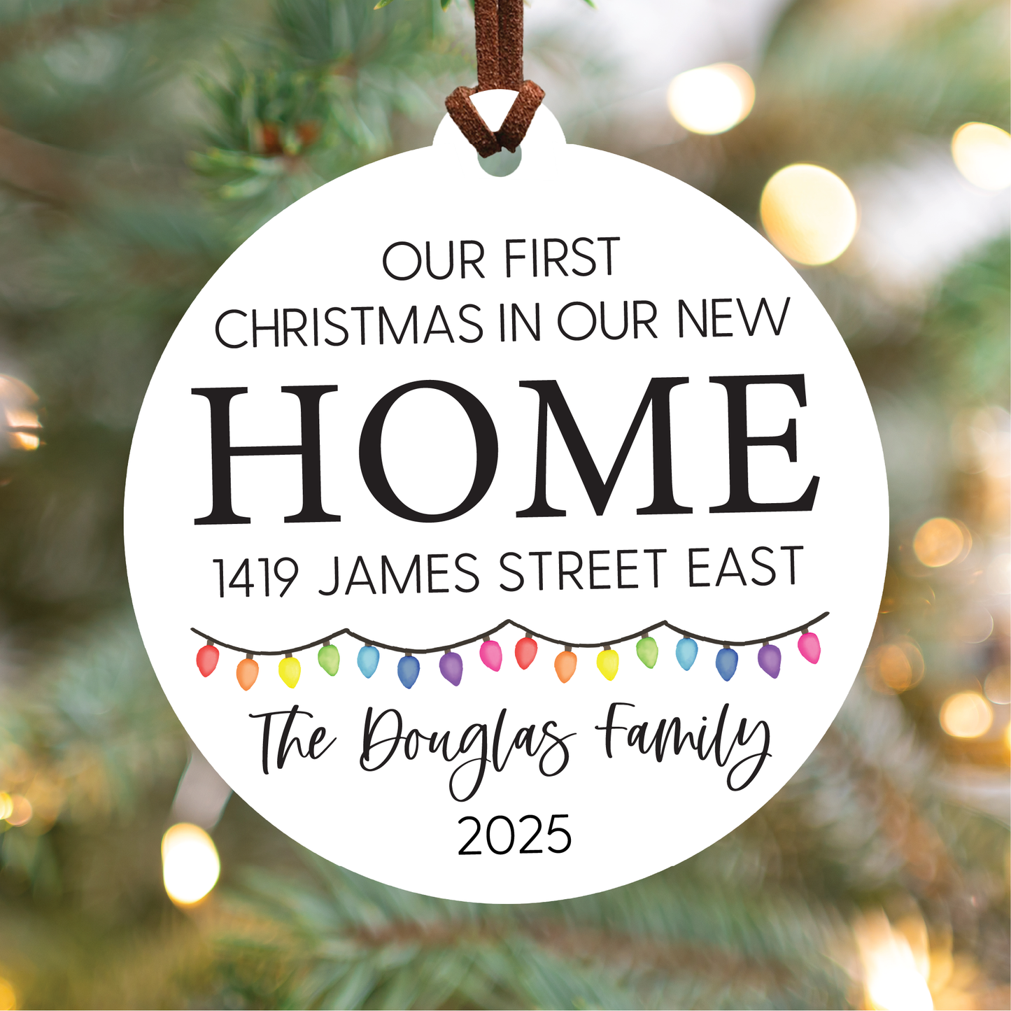 Personalized New Home Christmas Ornament | House or Round | V1 Lights