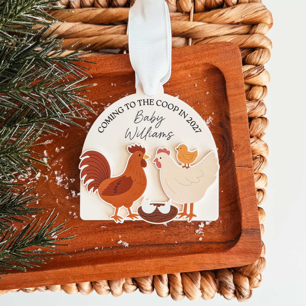 Coming To The Coop Baby Announcement Wood Or Acrylic Ornament (Oval or Arch)