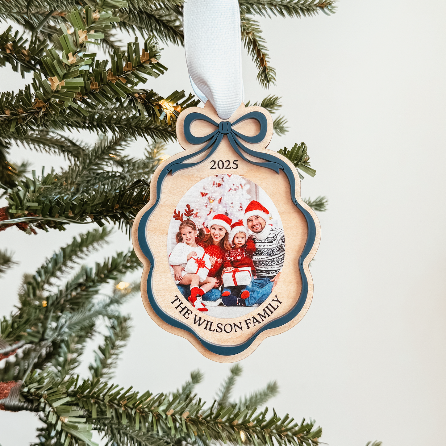 Wooden Bow Ribbon Frame Christmas Ornament
