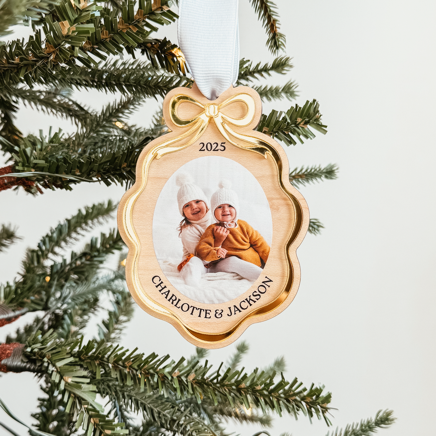 Wooden Bow Ribbon Frame Christmas Ornament