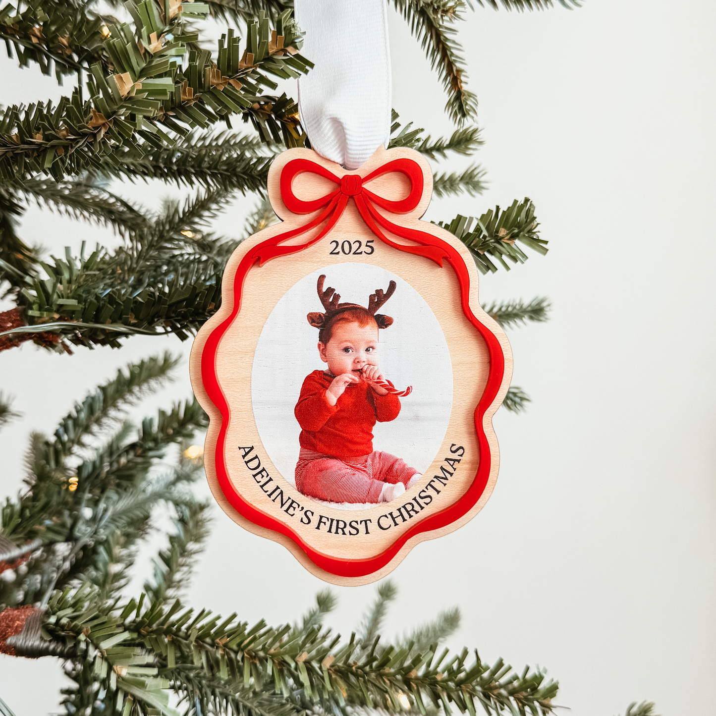 Wooden Bow Ribbon Frame Christmas Ornament