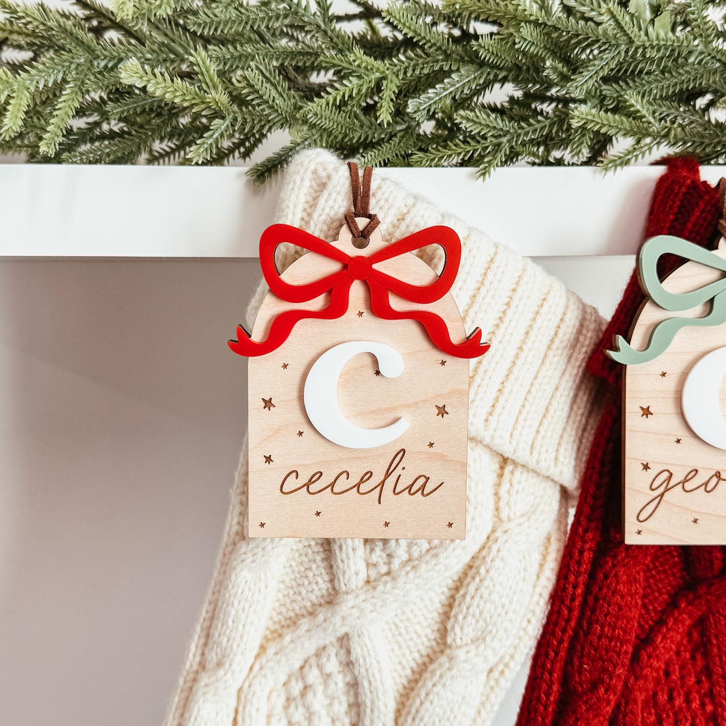 Wooden Arch With 3D Bow Christmas Stocking Tag