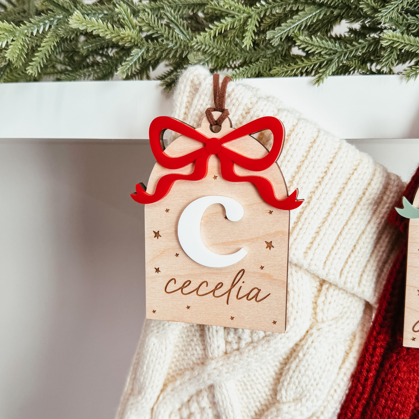Wooden Arch With 3D Bow Christmas Stocking Tag