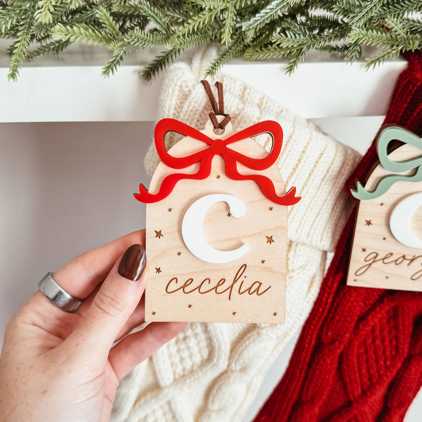 Wooden Arch With 3D Bow Christmas Stocking Tag