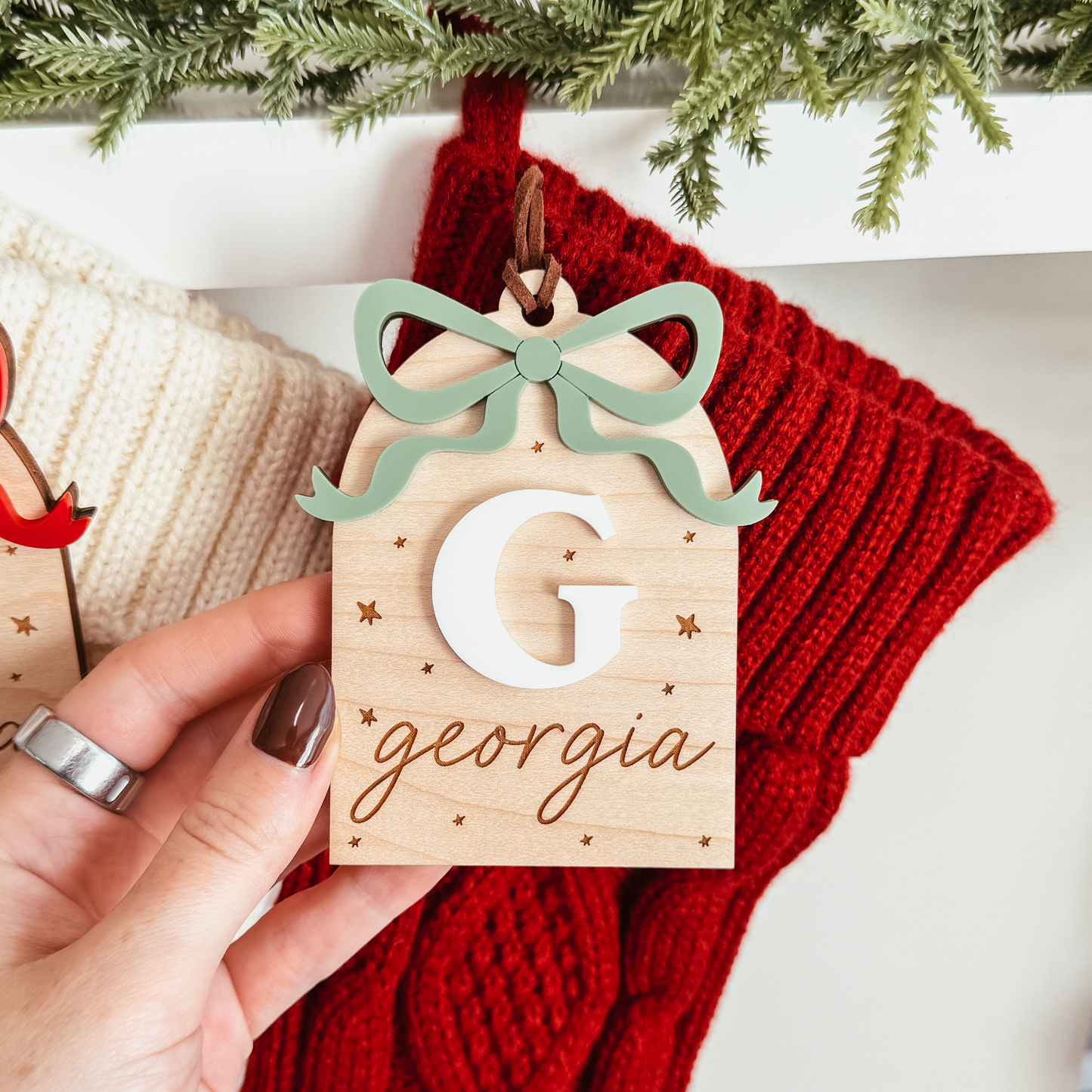 Wooden Arch With 3D Bow Christmas Stocking Tag