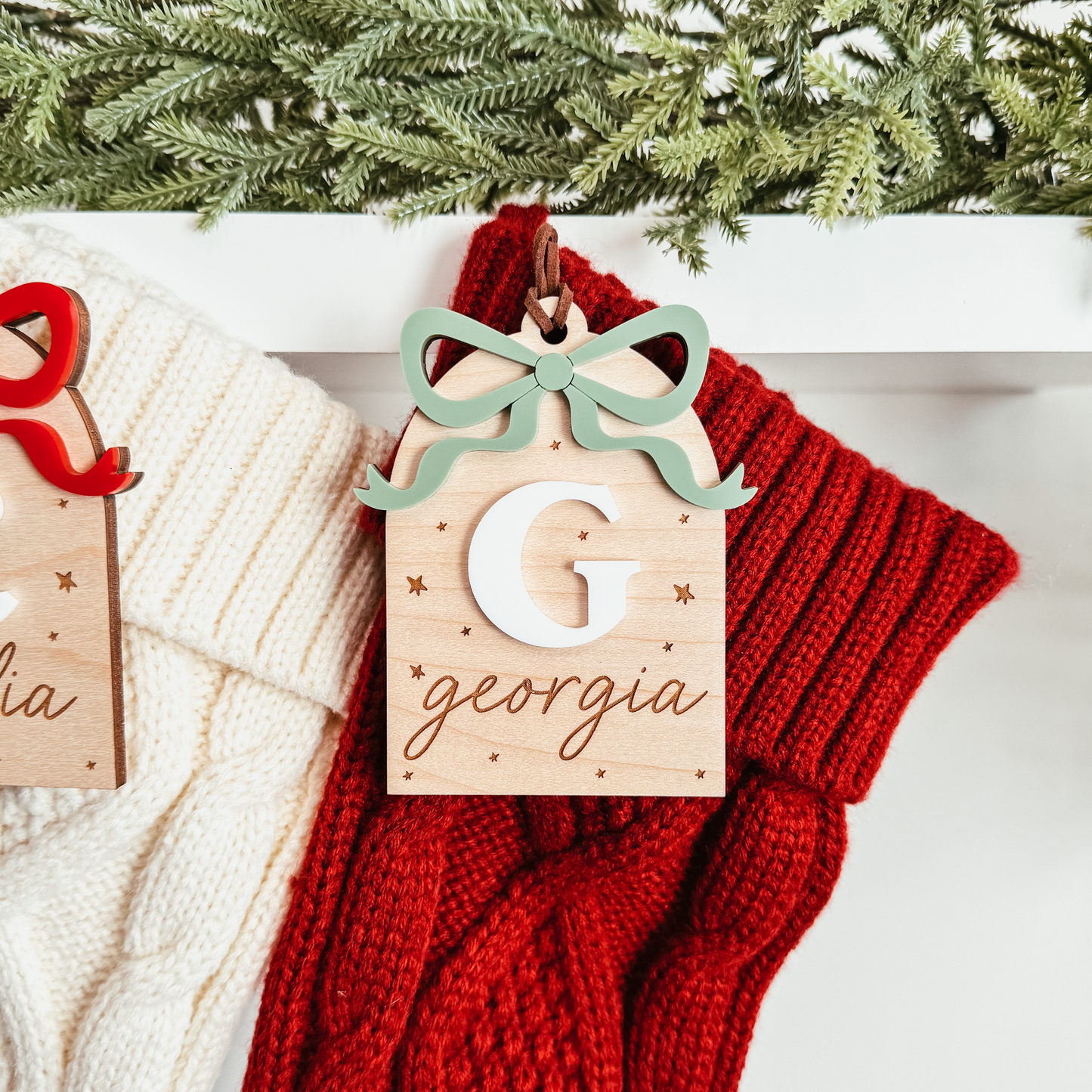 Wooden Arch With 3D Bow Christmas Stocking Tag