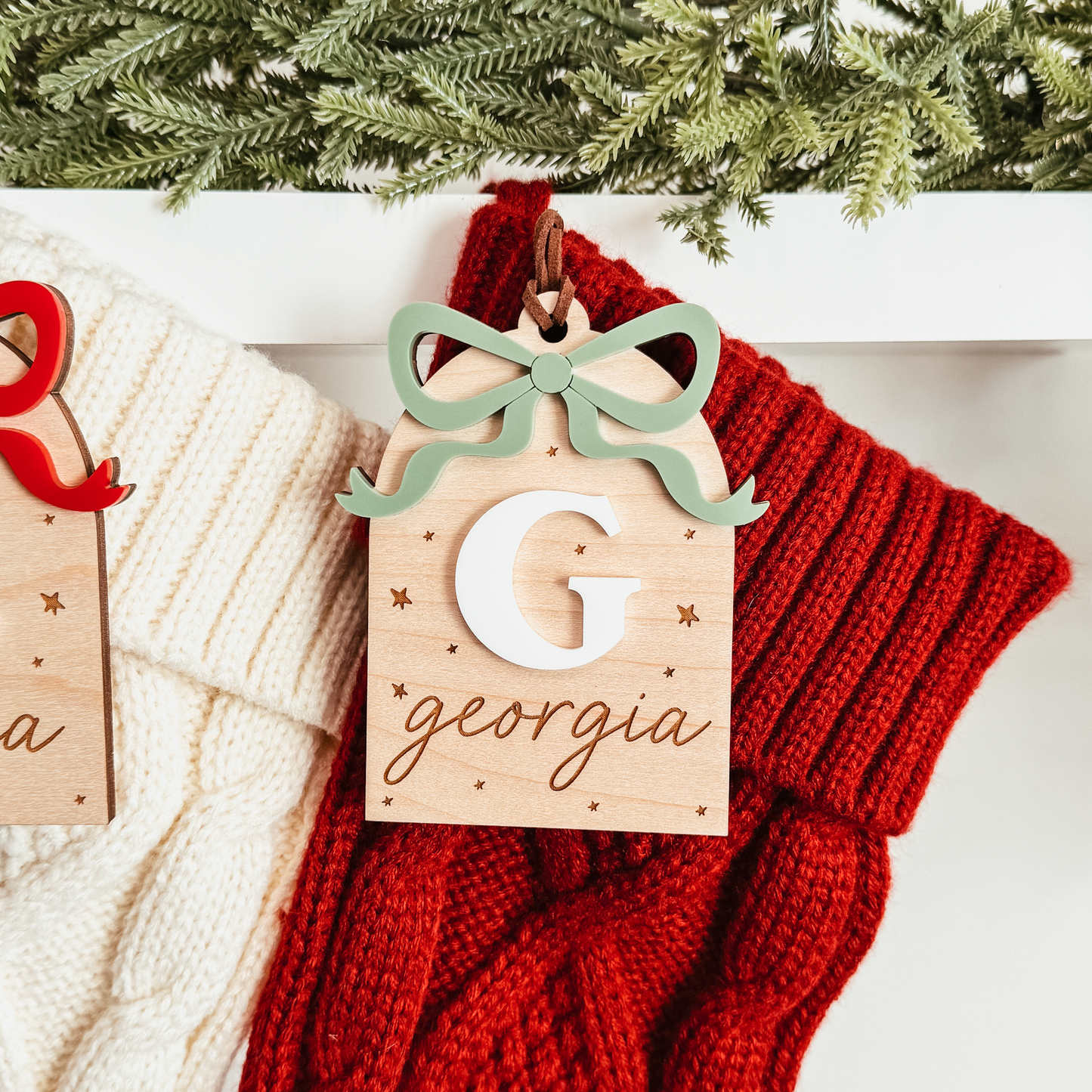 Wooden Arch With 3D Bow Christmas Stocking Tag
