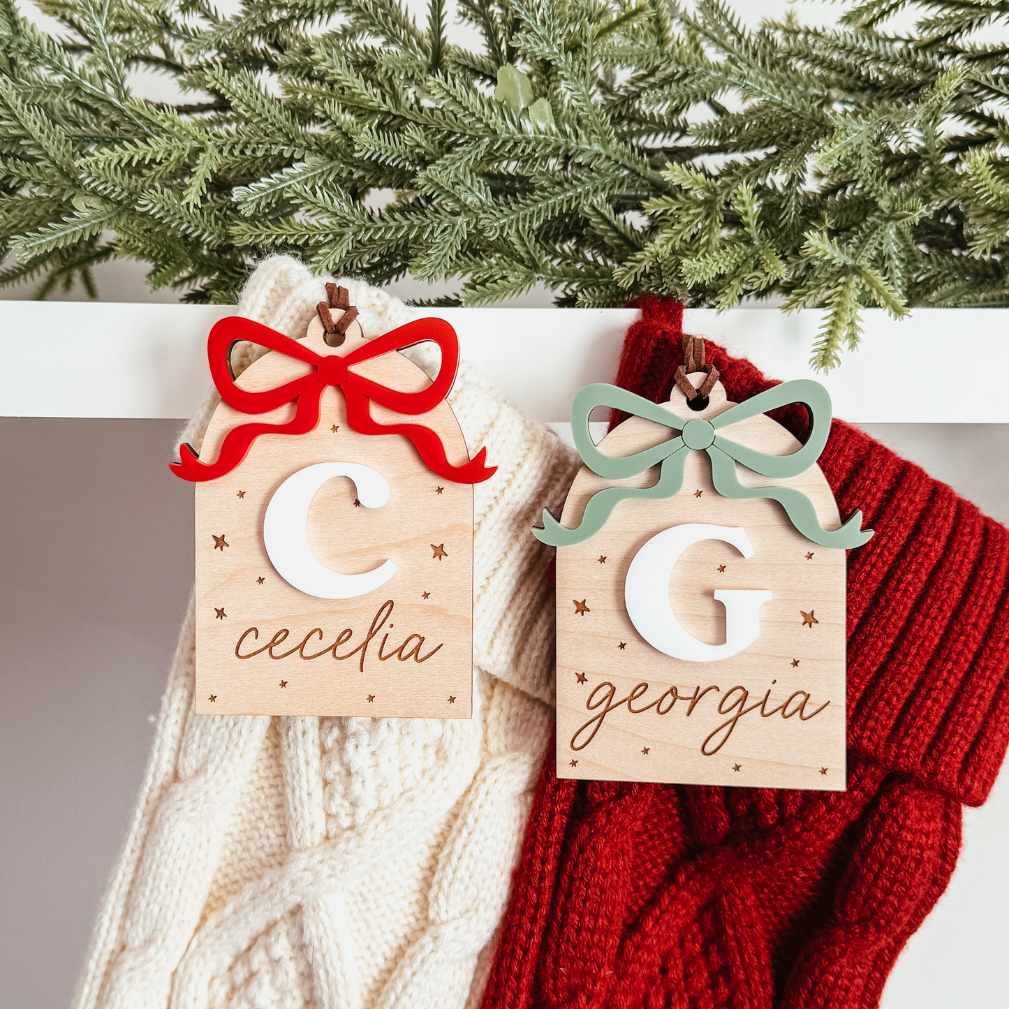Wooden Arch With 3D Bow Christmas Stocking Tag