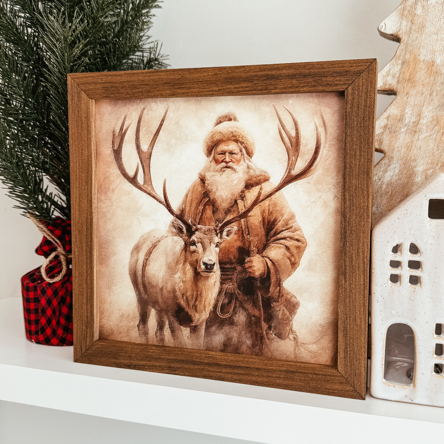 Santa Claus & Reindeer Vintage Inspired Christmas Sign