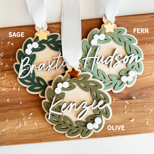 Greenery Wreath Christmas Ornament or Stocking Name Tag