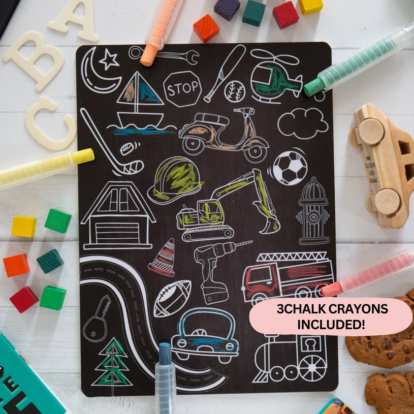 Reusable 8"x11" Colouring Boards with 3 Crayons (Multiple Styles)