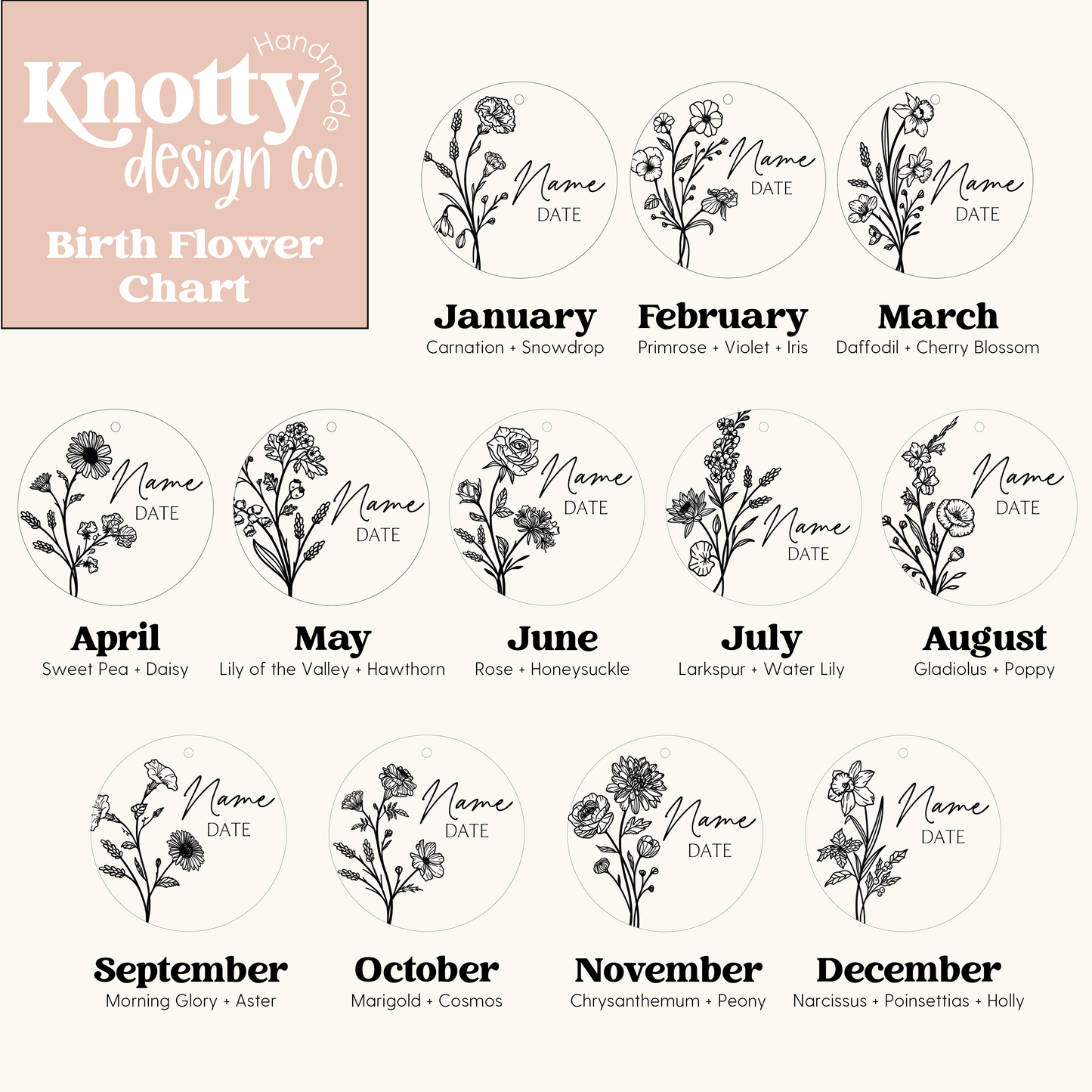 Personalized Round Birth Flower Keychain