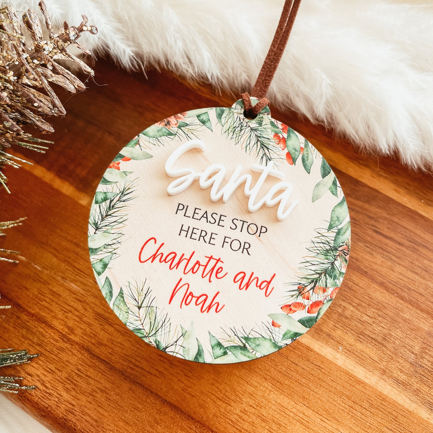 Santa Please Stop Here Christmas Ornament | Christmas Wreath (Wood)