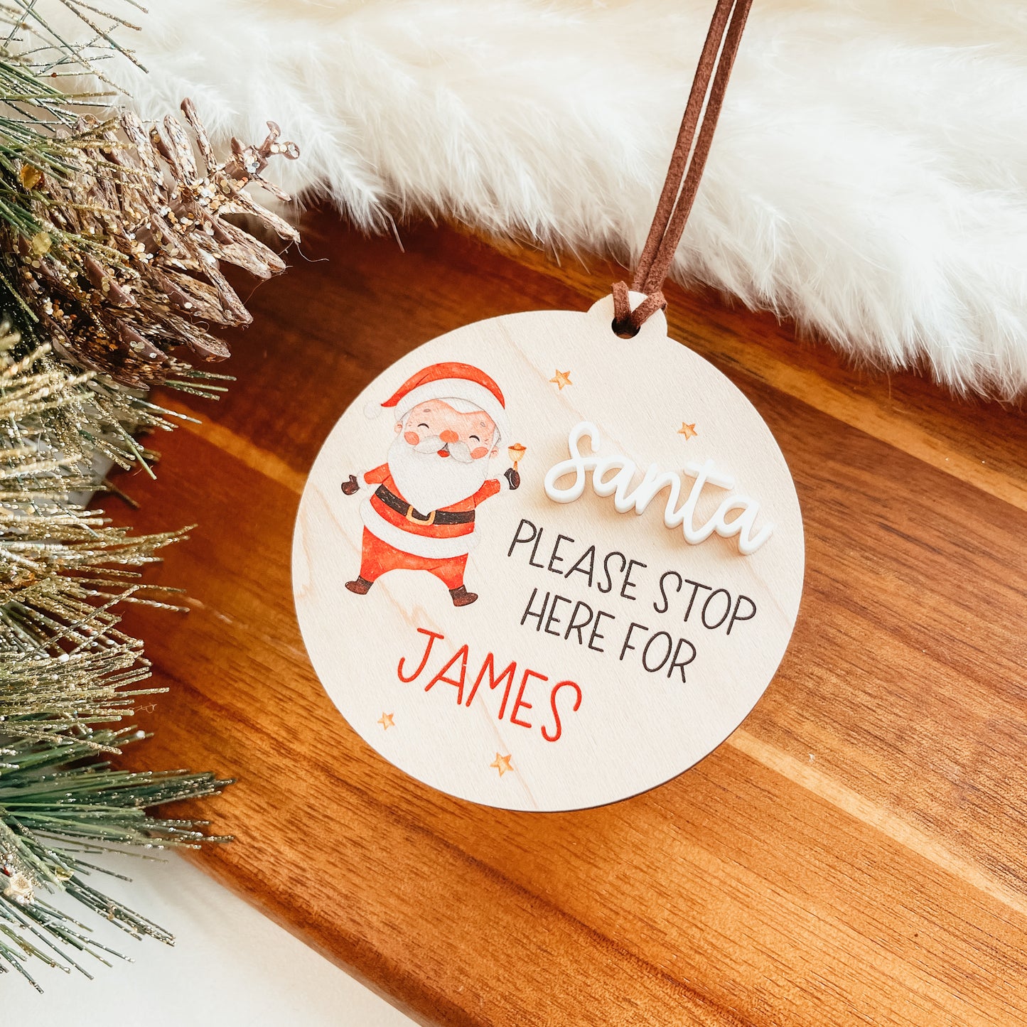 Santa Please Stop Here Christmas Ornament | Santa And Stars (Wood)
