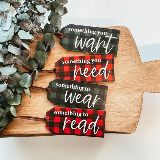 Mindful Gifting Tags | Want, Need, Wear, Read Tags | Printed Buffalo Plaid