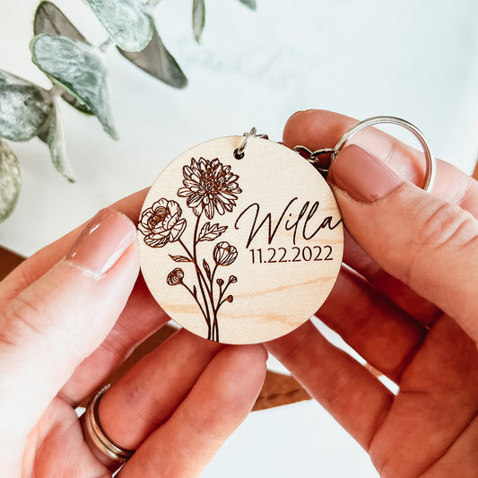Personalized Round Birth Flower Keychain