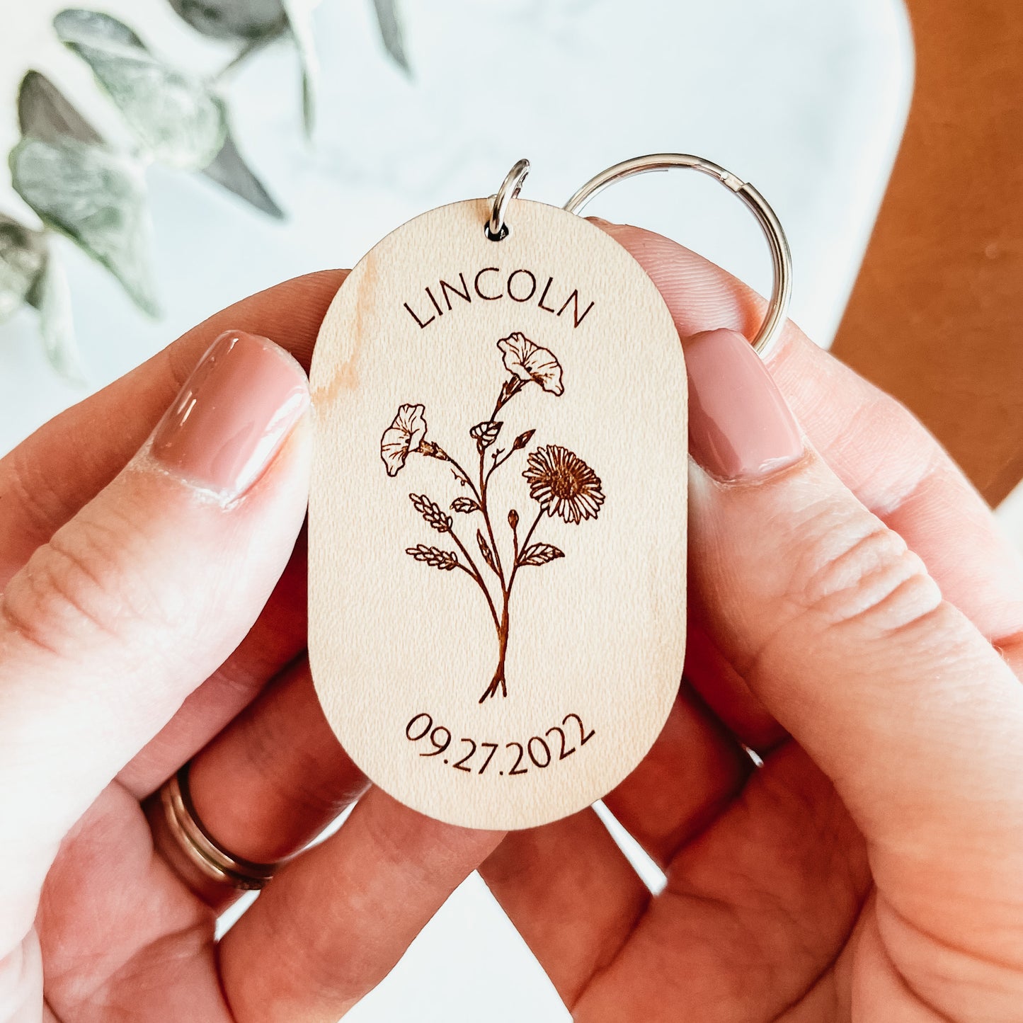 Personalized Oval Birth Flower Keychain (Two Styles)