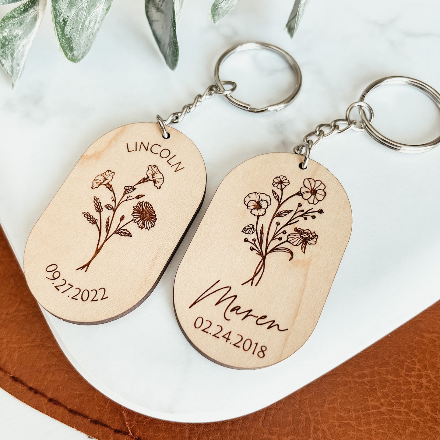 Personalized Oval Birth Flower Keychain (Two Styles)
