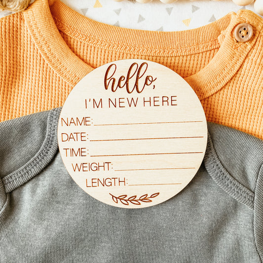 Baby Birth Announcement Sign - New Here Leaf Round
