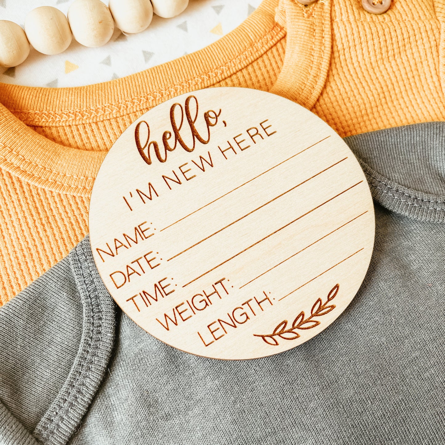 Baby Birth Announcement Sign - New Here Leaf Round