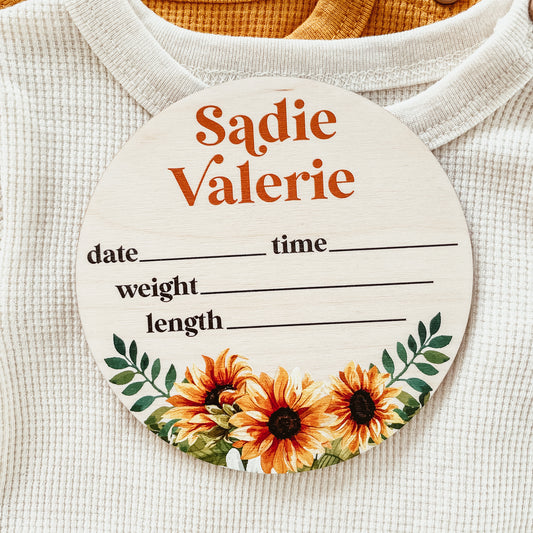 Baby Birth Announcement Sign - Wooden Sunflower