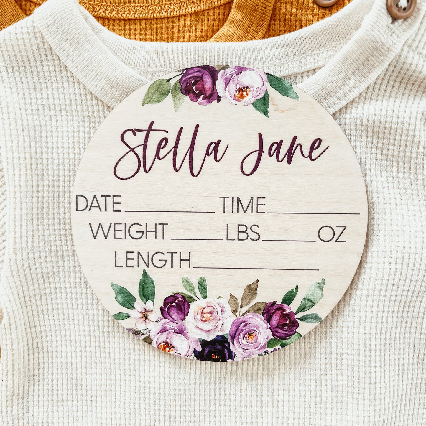 Baby Birth Announcement Sign - Wooden Purple Floral