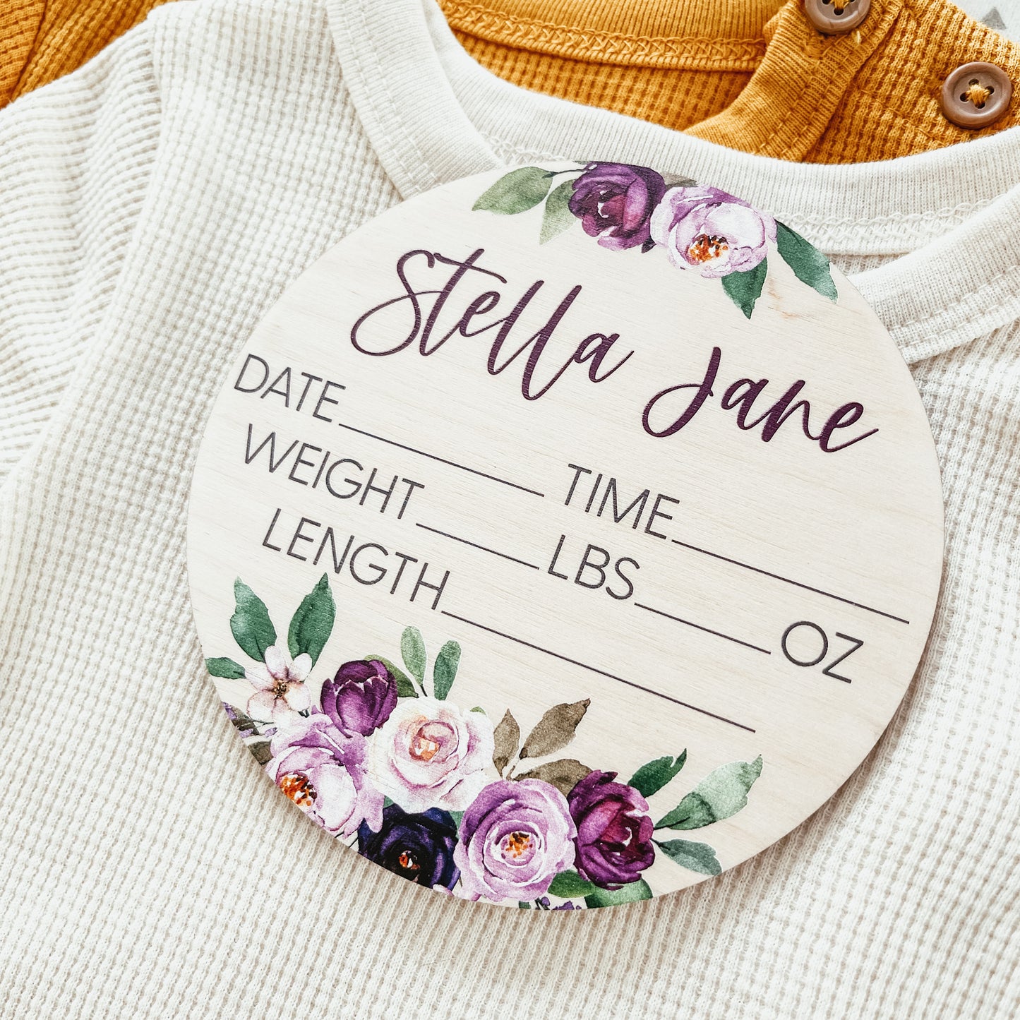 Baby Birth Announcement Sign - Wooden Purple Floral