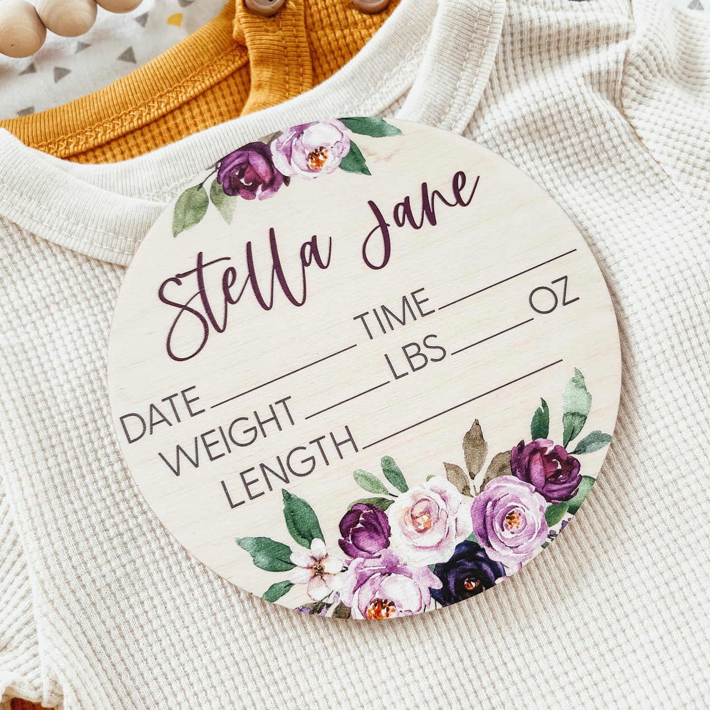 Baby Birth Announcement Sign - Wooden Purple Floral