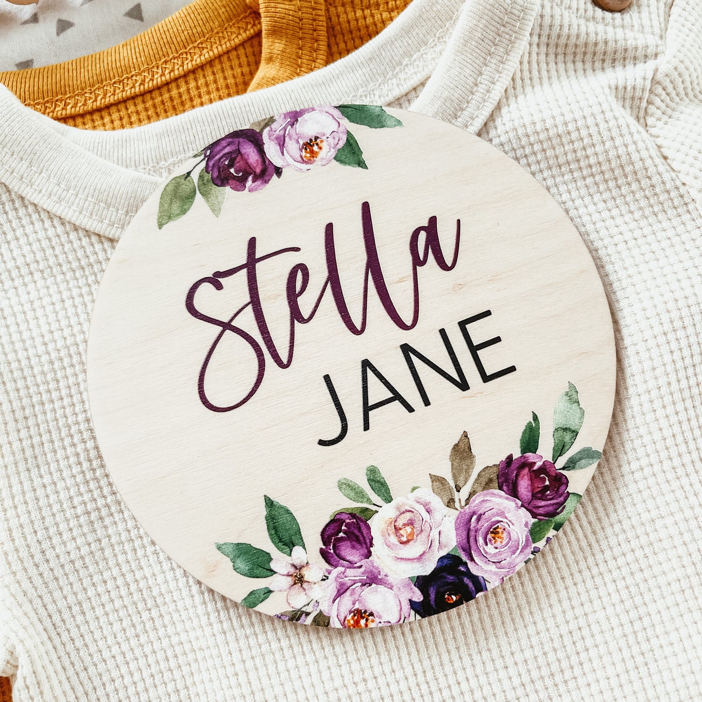 Baby Birth Announcement Sign - Wooden Purple Floral