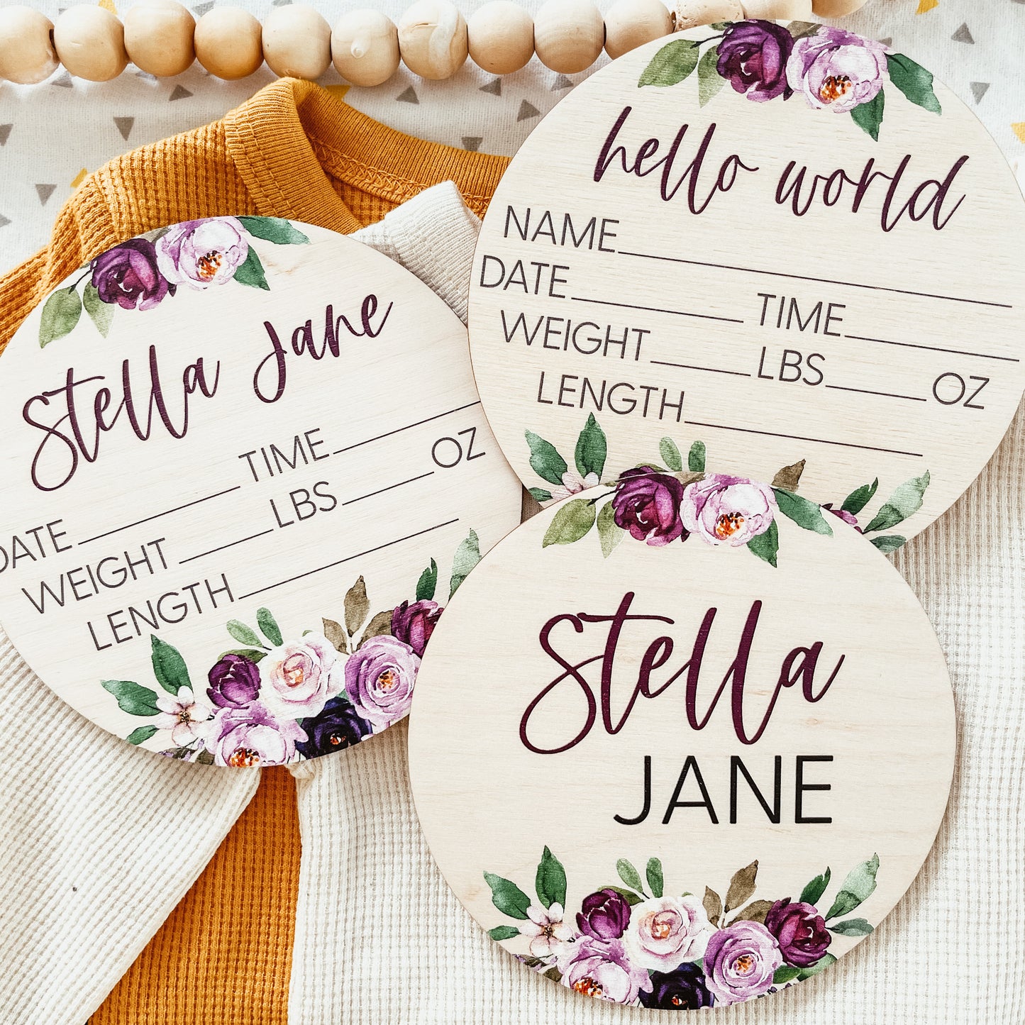 Baby Birth Announcement Sign - Wooden Purple Floral