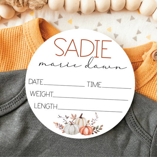 Baby Birth Announcement Sign - Acrylic Fall Pumpkins