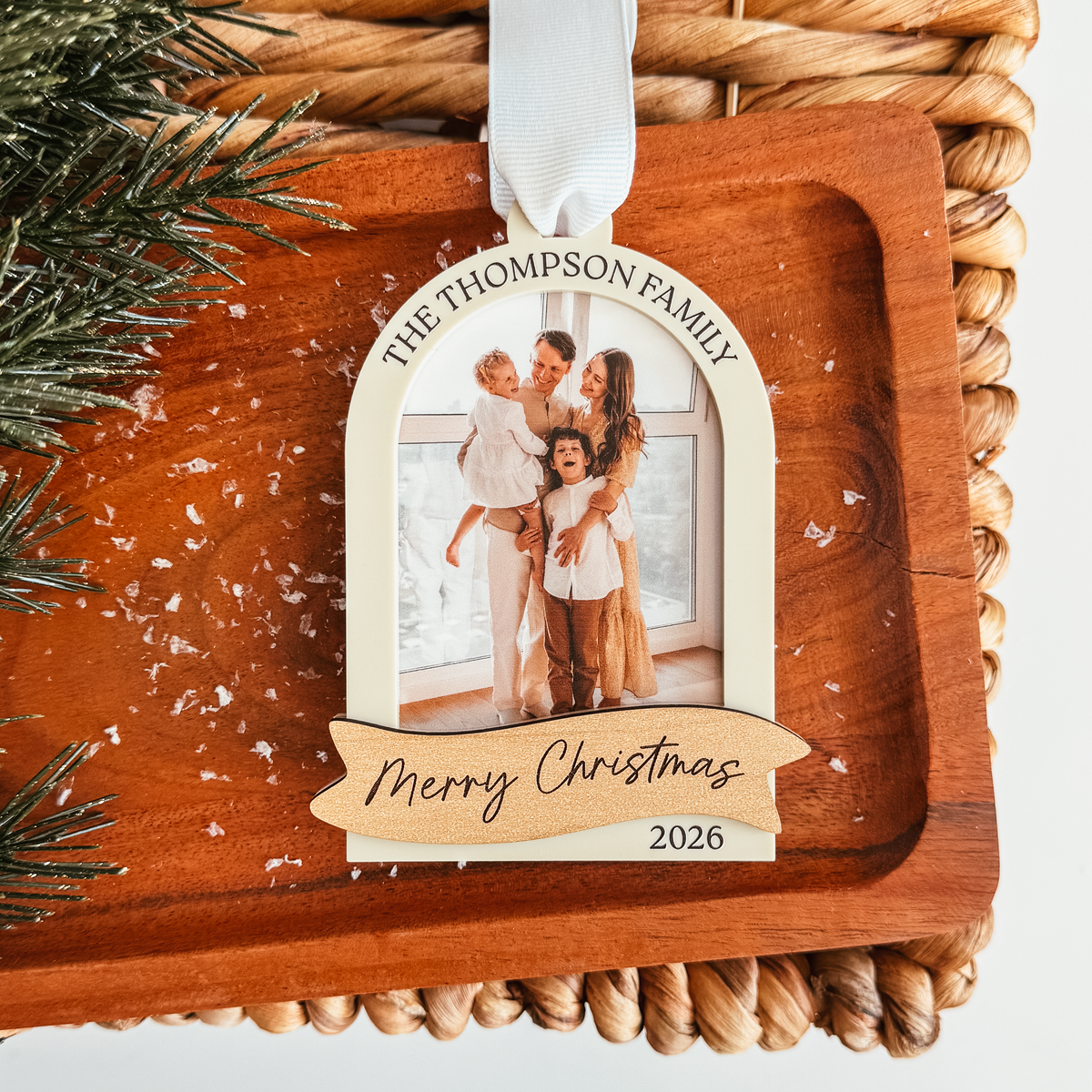 Arch With Wood Banner Photo Christmas Ornament